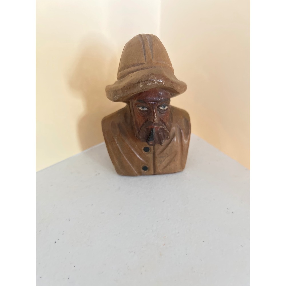 Vintage Hand Carved Wood Sea Captain Bust Fisherman Pipe Nautical Folk Art 3.25"